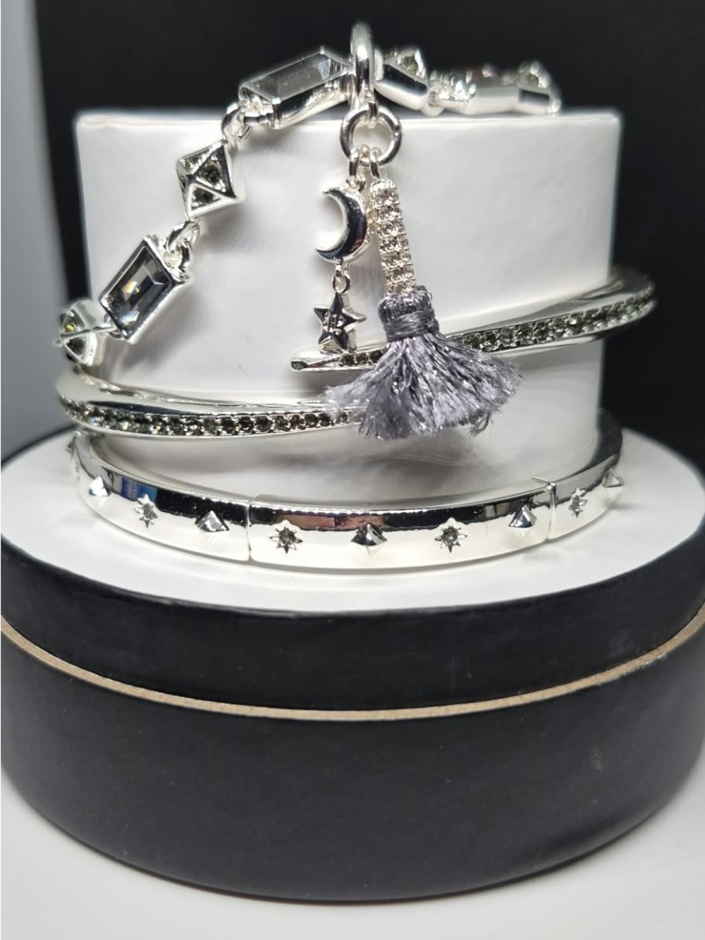 Silver Moon & Gray Tassel Charm Bracelet Set